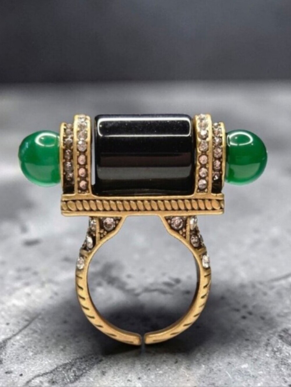 Massive Byzantine Vintage Vibes Onyx & Emerald Glass Cabochon Statement Ring